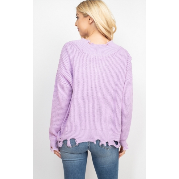 5⭐ Lavender v-neck raw distressed hem thick ribbed knit pullover sweater - Picture 6 of 9
